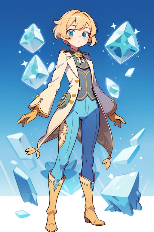 absurd res, high res, (masterpiece:1.4) genshin impact, genshin style, looking at viewer, standing, ultra-detailed, 1girl, accurate body limbs, full body, celestial, wearing a suit, coat, short tight pants, boots, soft color palette, pastel color, gloves, crystals , blonde hair, blue eyes, short wavy hair, tall, simple background