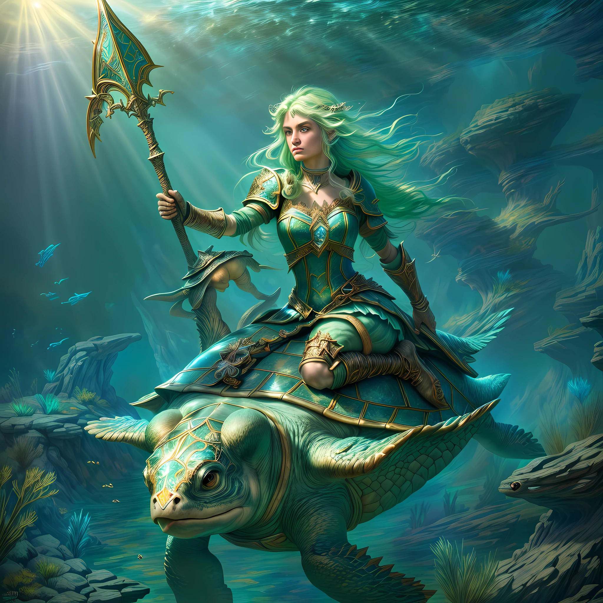 Arte De Fantasía, arte de rol, una imagen de un elfo marino guardabosques montando su tortuga marina bajo el mar, una elfa exquisita y hermosa ultra femenina, druid, clérigo del mar, (mejores detalles, Arte De Fantasía, obra maestra, mejor calidad: 1.4) con un pelo largo y curvilíneo, pelo verde claro, blue eyes, (Arte De Fantasía, obra maestra, mejor calidad: 1.3), ((hermoso rostro delicado)), cara ultra detallada (detalles intrincados, Arte De Fantasía, obra maestra, mejor calidad: 1.4) (anatómicamente correcto: 1.5), usando armadura ligera, armado con una lanza, usando botas, ella monta una tortuga de tamaño épico (detalles intrincados, Arte De Fantasía, obra maestra, mejor calidad: 1.4) fondo submarino, mar de fantasia, luz submarina, [[elementos naturales de la vida marina]], rayos de sol, Atmósfera dinámica, luz tenue, luz dinámica, detalles altos, mejor calidad, 16k, [ultra detallado], obra maestra, mejor calidad, (extremadamente detallado), Ultra gran angular)