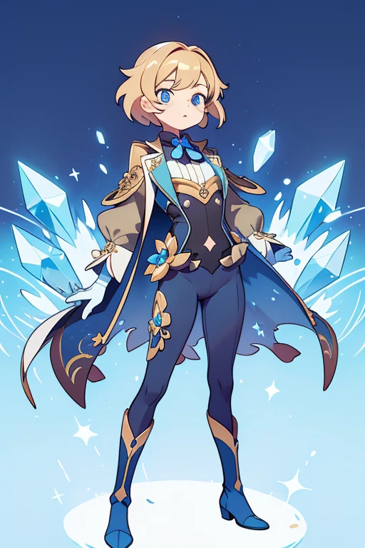 absurd res, high res, (masterpiece:1.4) genshin impact, genshin style, looking at viewer, standing, ultra-detailed, 1girl, accurate body limbs, full body, celestial, wearing a suit, coat, short tight pants, boots, dark color palette, dark blue color, abyss, gloves, crystals , blonde hair, blue eyes, short wavy hair, tall, simple background