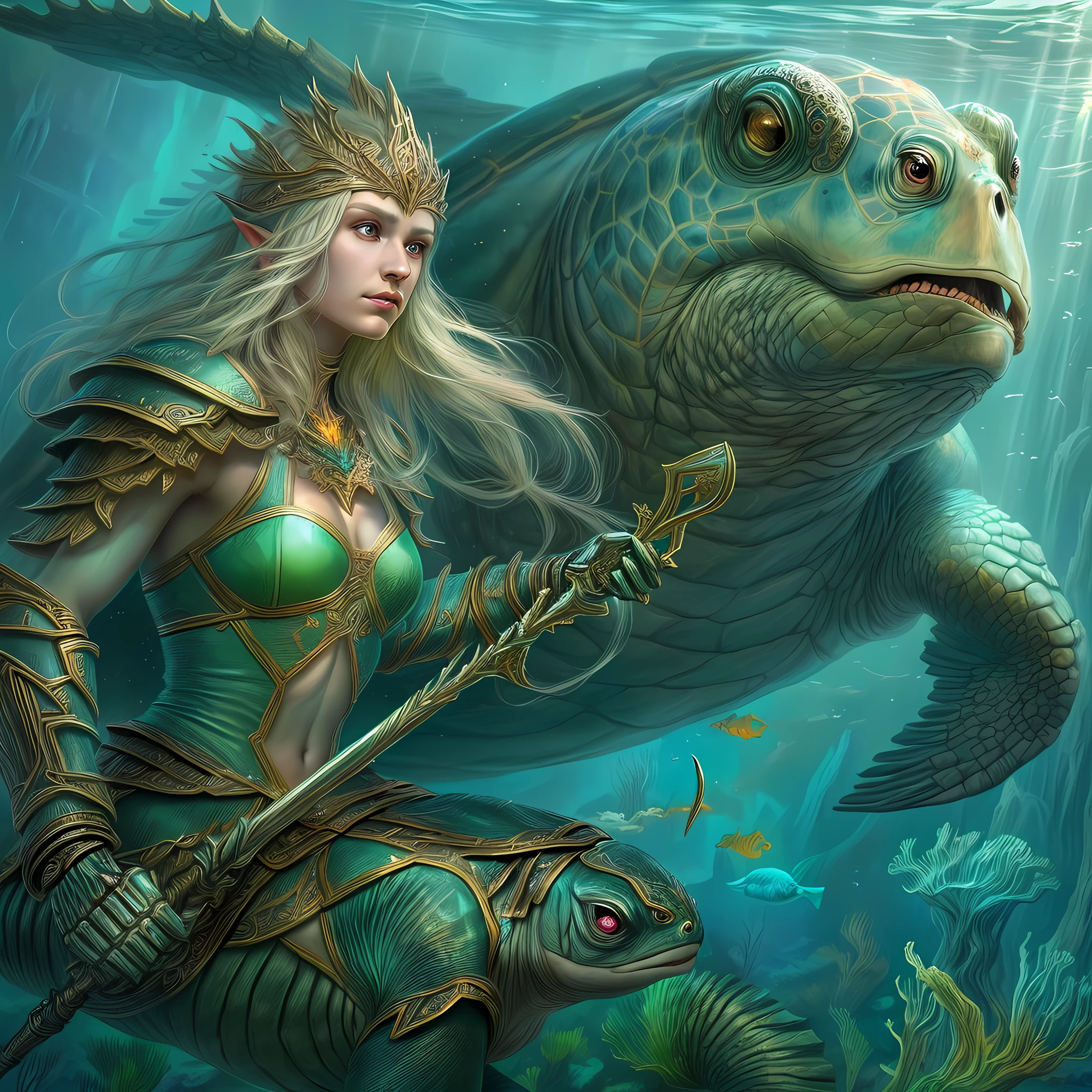 art fantastique, Art du RPG, une photo d&#39;un ranger elfe de mer chevauchant sa monture de tortue de mer sous la mer, une exquise belle elfe ultra féminine, druide, clerc de la mer, (meilleurs détails, art fantastique, chef-d&#39;œuvre, Meilleure qualité: 1.4) avec de longs cheveux bouclés, cheveux vert clair, yeux bleus, (art fantastique, chef-d&#39;œuvre, Meilleure qualité: 1.3), ((beau visage délicat)), visage ultra détaillé (détails complexes, art fantastique, chef-d&#39;œuvre, Meilleure qualité: 1.4) (Anatomiquement correct: 1.5), porter une armure légère, Armé d&#39;une lance, porter des bottes, elle chevauche une tortue de taille épique (détails complexes, art fantastique, chef-d&#39;œuvre, Meilleure qualité: 1.4) Fond sous-marin, mer fantastique, Lumière sous-marine, [[éléments naturels de la vie marine]], rayons de soleil, Ambiance dynamique, Lumière douce, lumière dynamique, détails élevés, Meilleure qualité, 16k, [ultra détaillé], chef-d&#39;œuvre, Meilleure qualité, (extrêmement détaillé), ultra grand angle)