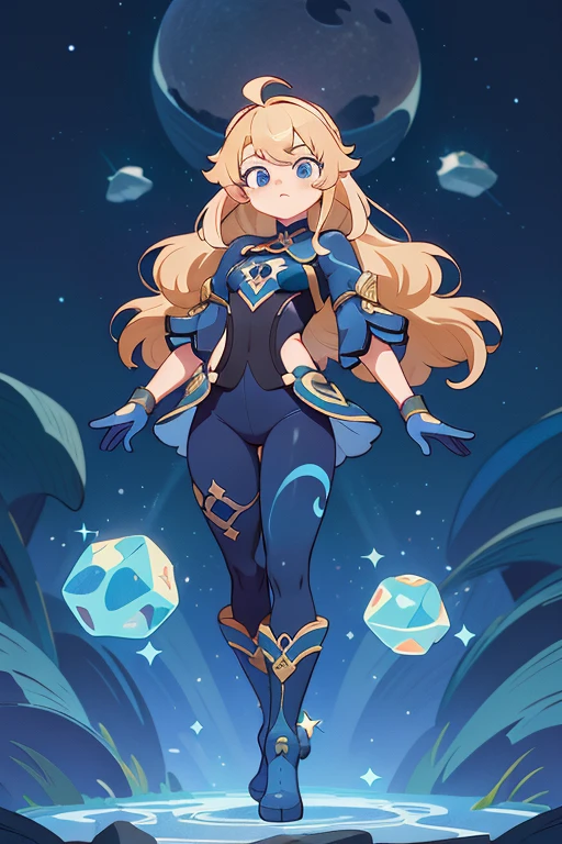 absurd res, high res, (masterpiece:1.4) genshin impact, genshin style, looking at viewer, standing, ultra-detailed, 1girl, accurate body limbs, full body, celestial, galaxy, short tight pants, boots, dark color palette, dark blue color, abyss, gloves, crystals , blonde hair, blue eyes, long wavy hair, tall, simple background