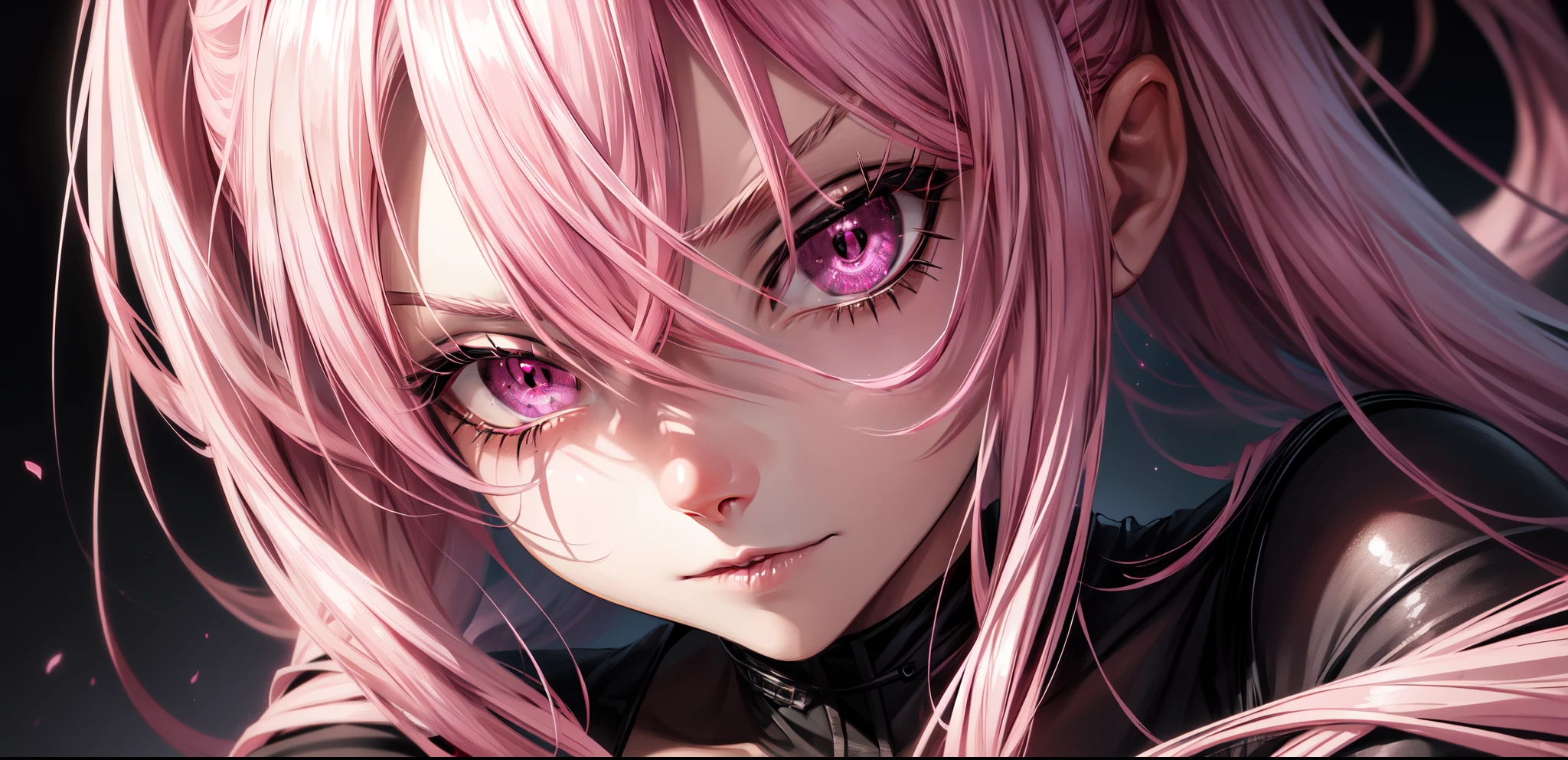 1girl, pink hair,  hd quality, 4k, 8k,,eyes,pink hair, eyes closeup, eyes, beautiful eyes, evil eyes, narrow eyebrows, pretty iris, eyes, eyes close up, evil, narrow eyes, seductive eyes, sexy, emo, goth, black background