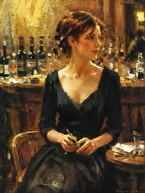 portrait of a young woman in a black dress on a bar, oil painting by Fabian Perez