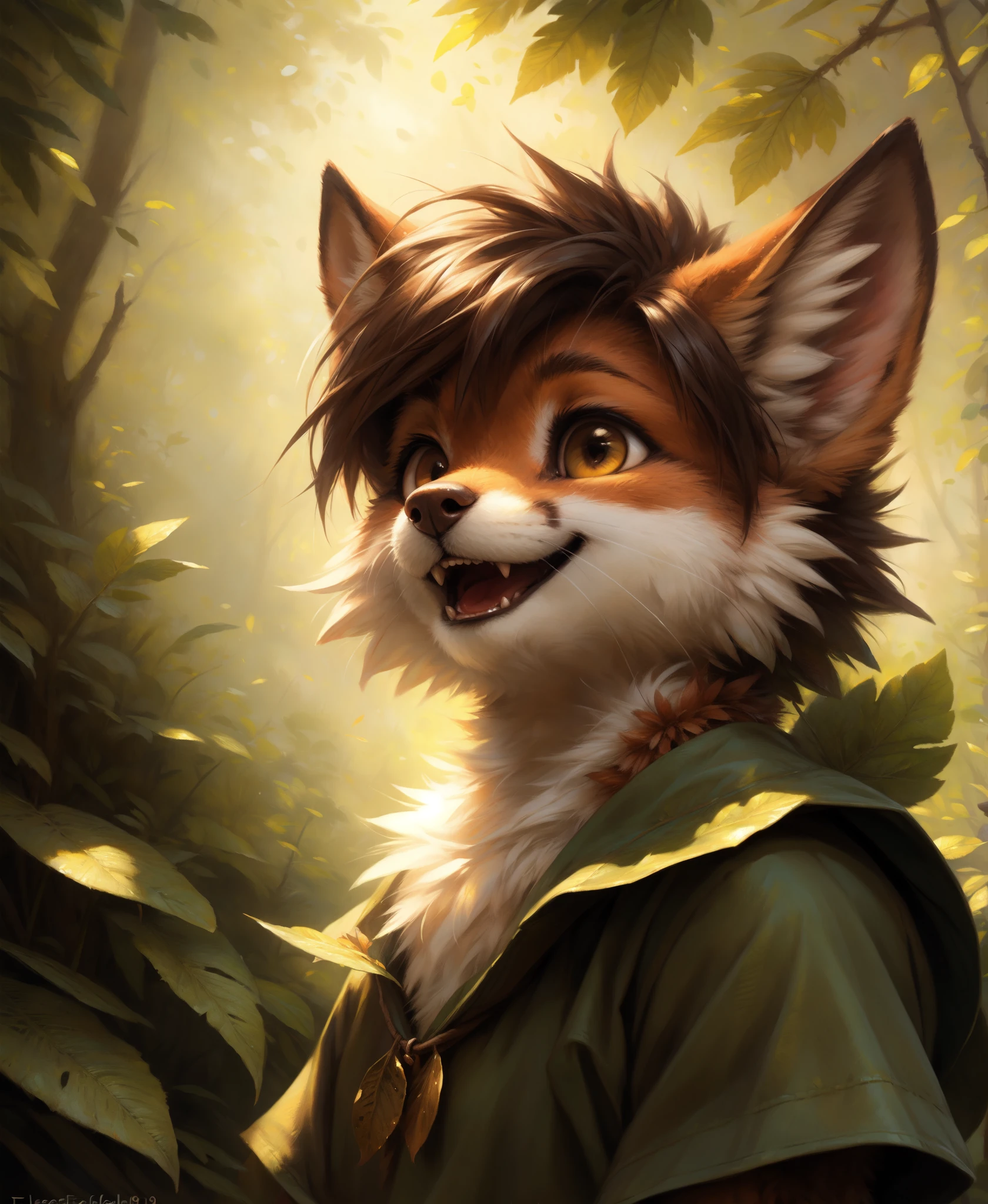 by kenket, by totesfleisch8, (by thebigslick, by silverfox5213:0.8), (by syuro:0.2), elora furry, detailed and extremely fluffy body fur, fluff, masterpiece, looking up beautiful surroundings, detailed background, happy, leaf-dress, (close up:1.1)