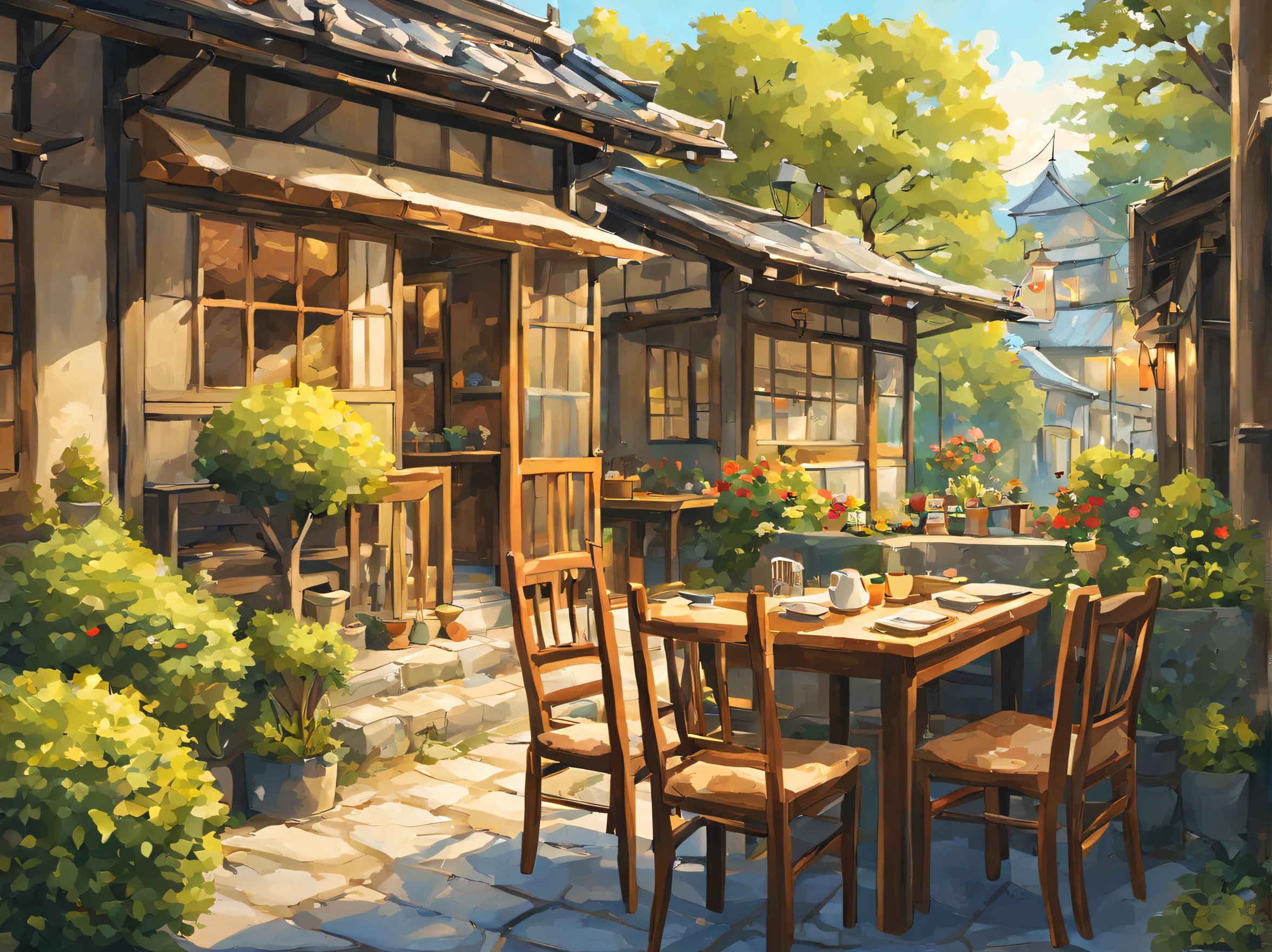 There is a garden painting with table and chairs, cozy café background, detailed scenery, Japanese street, very detailed scene, summer afternoon, Japanese art style, beautiful detailed scene, cottage core, relaxing concept art, cozy home background, landscape artwork