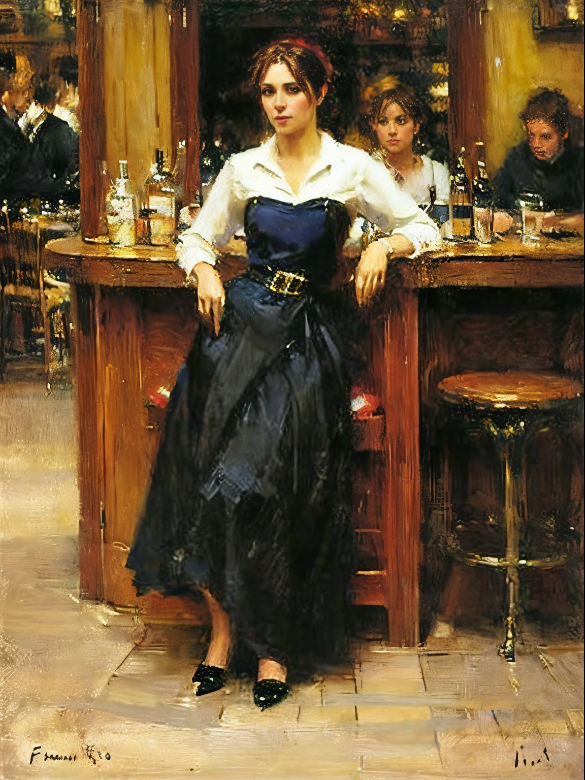 Porträt einer jungen Frau in einem schwarzen Kleid an einer Bar, Ölgemälde von Fabian Perez