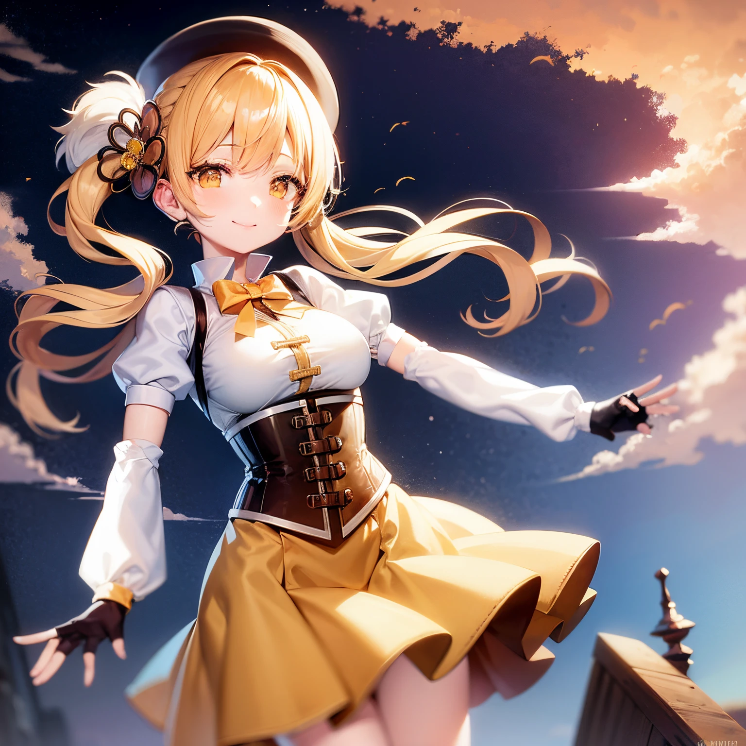 masutepiece, Best Quality, 1girl in, (Mami Tomoe), Blonde hair, Drill Hair, twin drills, (Yellow eyes:1.2), Brown gloves, corsets, Detached sleeves, Fingerless gloves, Smile, hat, magical little girl, Puffy sleeves, striped thigh, Yellow skirt, coverd nippple, breasts, npclearly, clearly , Hidden Private, Partially visible crotch, skyporn, evening, Sunset