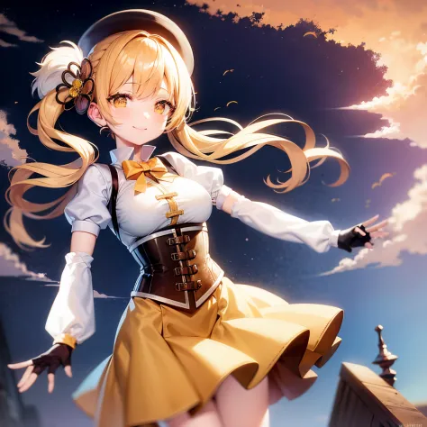 masutepiece, Best Quality, 1girl in, (Mami Tomoe), Blonde hair, Drill Hair, twin drills, (Yellow eyes:1.2), Brown gloves, corset...