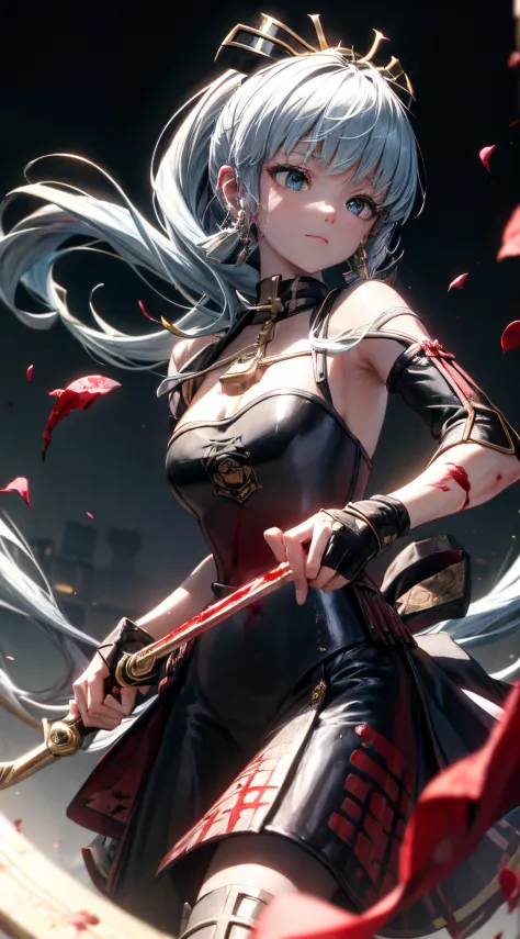 kamisato ayaka, 1girl,breast, floating hair,long hair,closed mouth, bare shoulders,black dess, black gloves, black hair, blood, ...