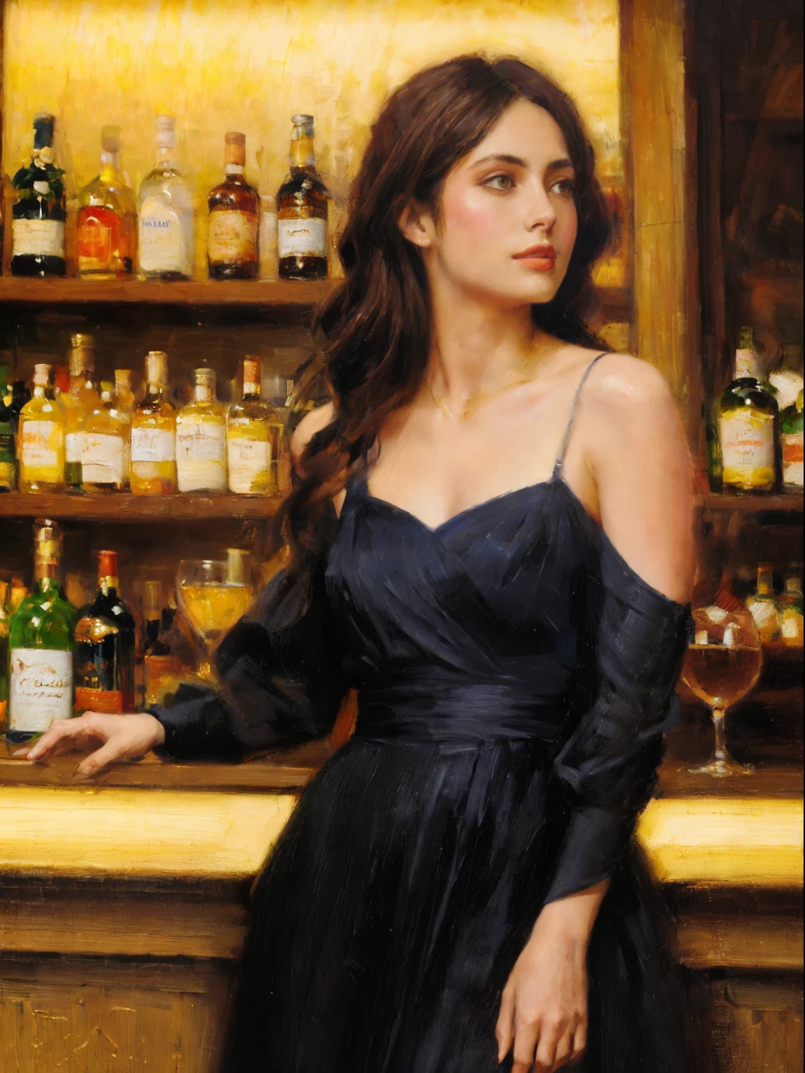 Retrato of a young woman,lindos olhos detalhados,lindos lábios detalhados,cílios longos,vestido preto,bar moderno,pintura a óleo de Fabian Perez,(melhor qualidade,4K,8K,alta resolução,obra de arte:1.2),Ultra-detalhado,(realista,photorealista,photo-realista:1.37),Retrato,bar,pose expressiva,iluminação de estúdio,cores vibrantes,iluminação dramática,contraste,Atmosfera mediterrânica