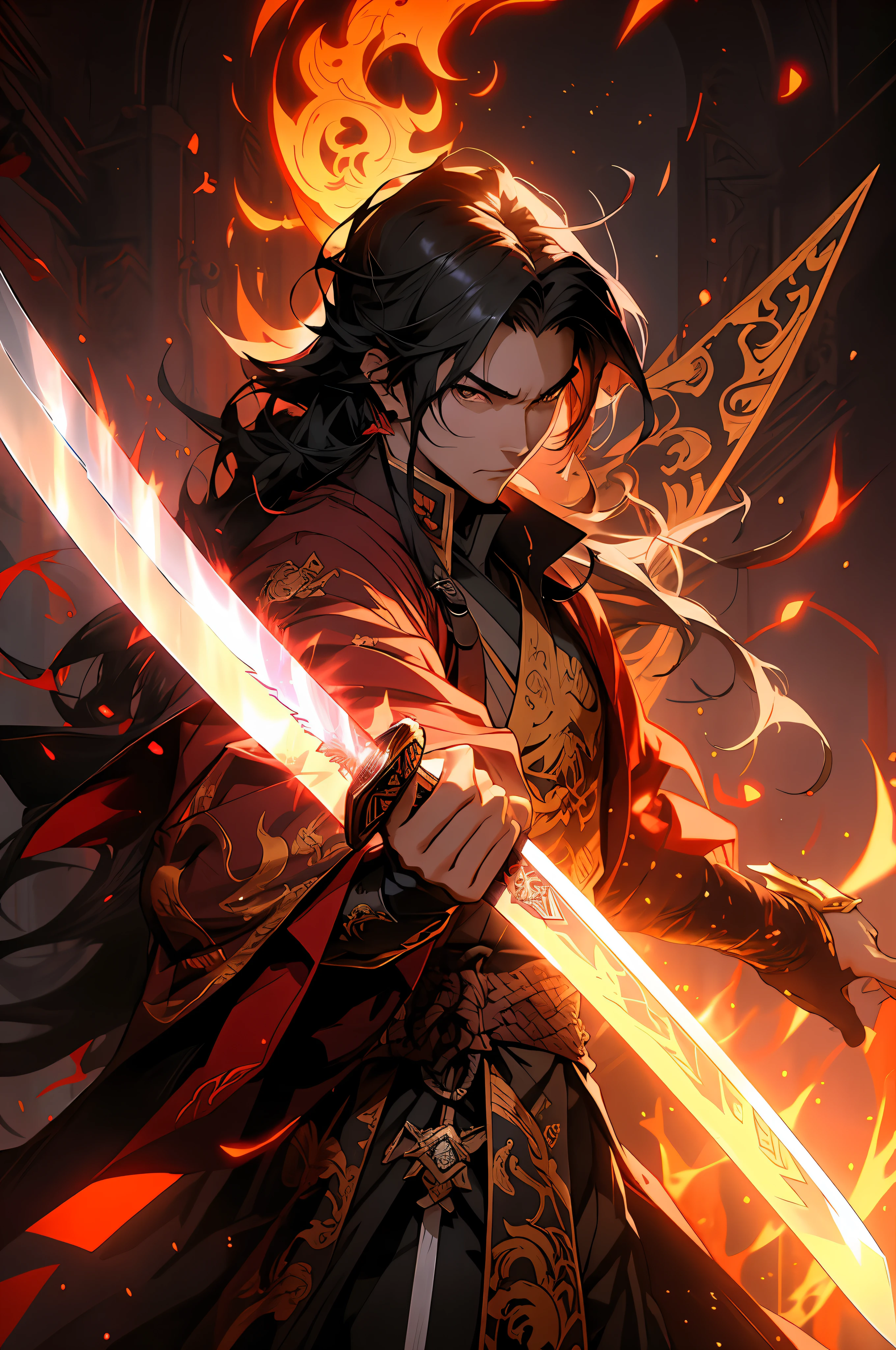 Anime - a stylistic image of a man holding a sword in front of the sky，handsome guy in demon killer art，Yang J，big sword，demon slayer artstyle，Badass anime 8 K，Epic fantasy digital art style，Keqing from Genshin Impact，2。5 D CGI anime fantasy artwork、Demon Killer，Detailed digital anime art，One-handed sword