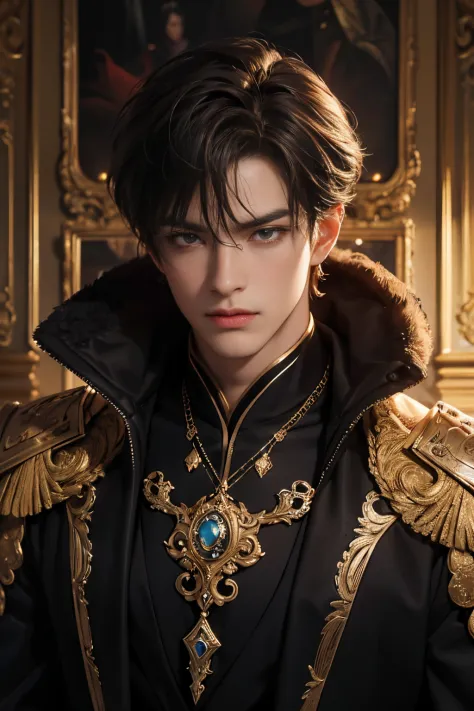 "Dark and epic atmosphere. Mature male，with short brown hair, figure eight bangs，sharp golden eyes,He exudes the majesty of an e...