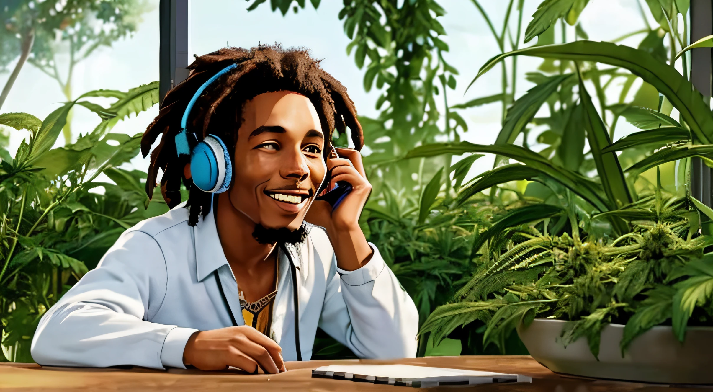 Bob marley listening to music with headphones & taking the fresh in his weed garden