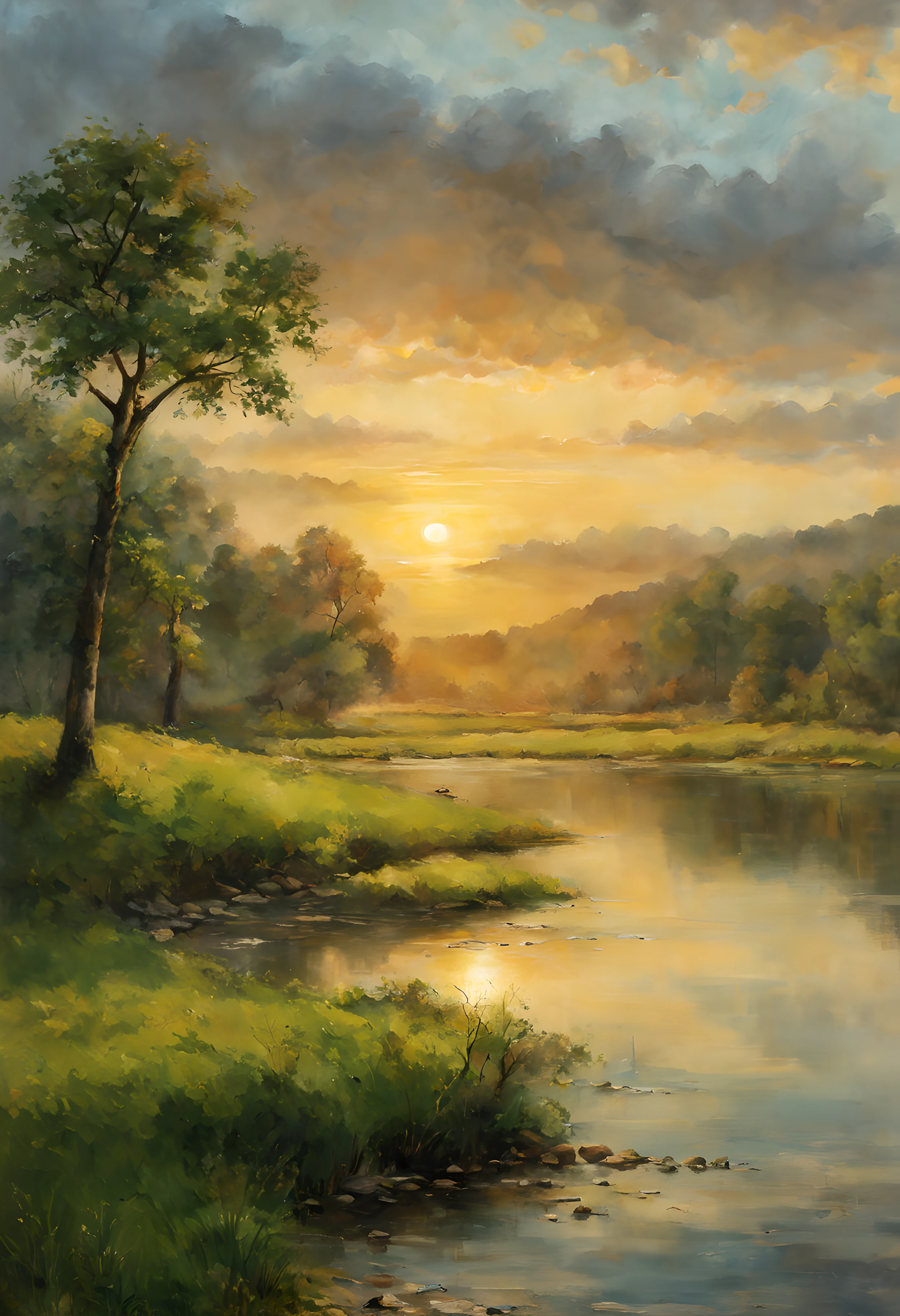 (Best Quality,4k,8K,High resolution,Masterpiece:1.2),Over-Detailed,Realistic:1.37,landscape,colorful,HDR, clear focus, physical rendering,professional,beautiful landscape, trees, green grass, hills, shimmering lake, clouds in the sky, beautiful sunset. Sun light penetrating through the trees, peaceful atmosphere, serene atmosphere, mesmerizing view, Harmonious colors, soft lighting, calm reflection in the water, breathtaking nature, lush vegetation, clear details, Calm atmosphere, Lively atmosphere, attractive and pleasant scene, ptm0, wkas