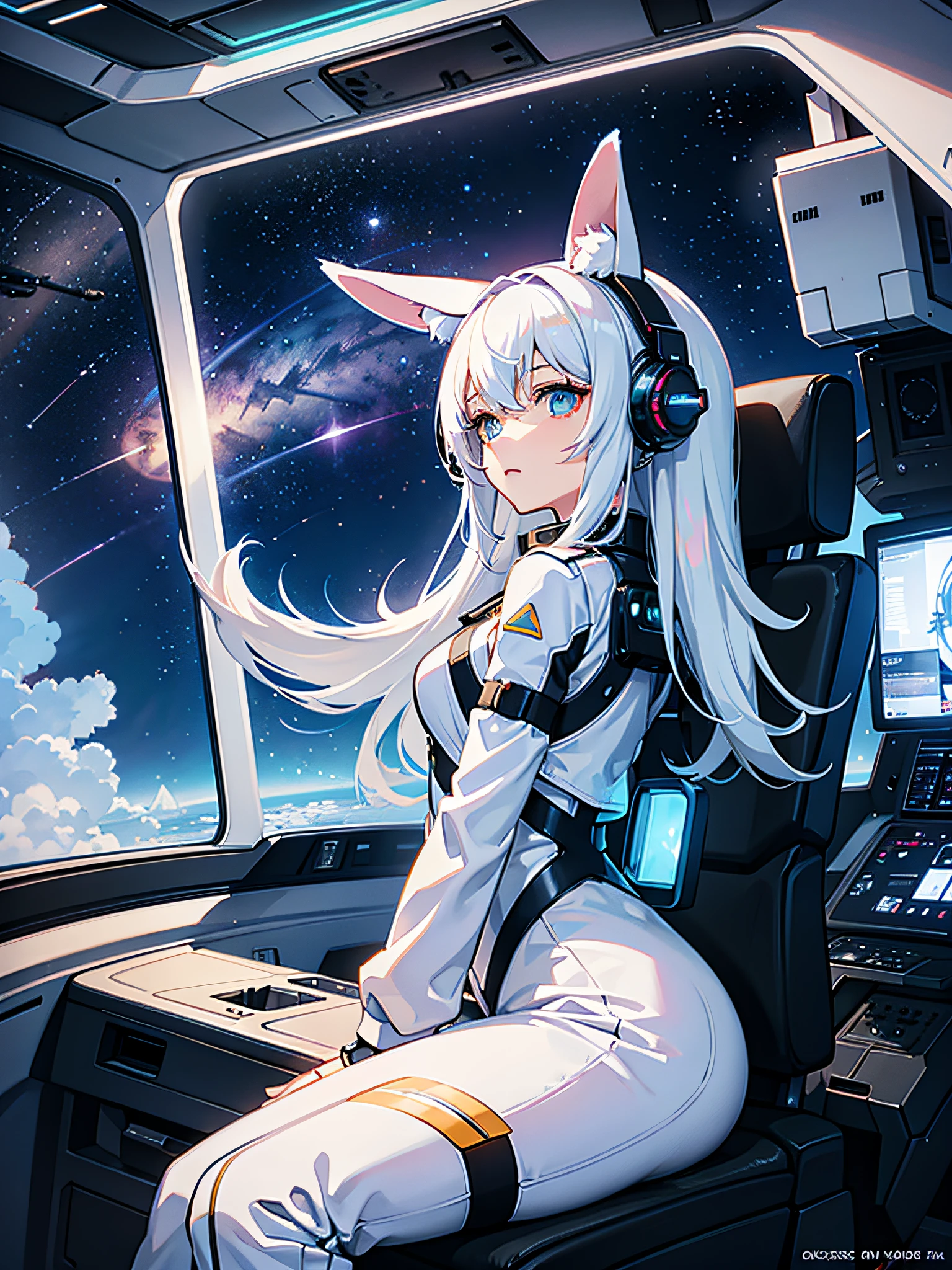 Spaceships fly in outer space. A girl with white hair and bunny ears sits in the cockpit of a sci-fi spaceship，look out the window. She saw the cosmic scenery outside the window. Long white hair, White trench coat，white sweatpants，White sneakers，Very long rabbit ears，Slender body，closeup of face, long term vision, 4K, kosmos, Starcloud, galaxias, Starship, alien spaceship, window, mechanoid, cyber punk personage