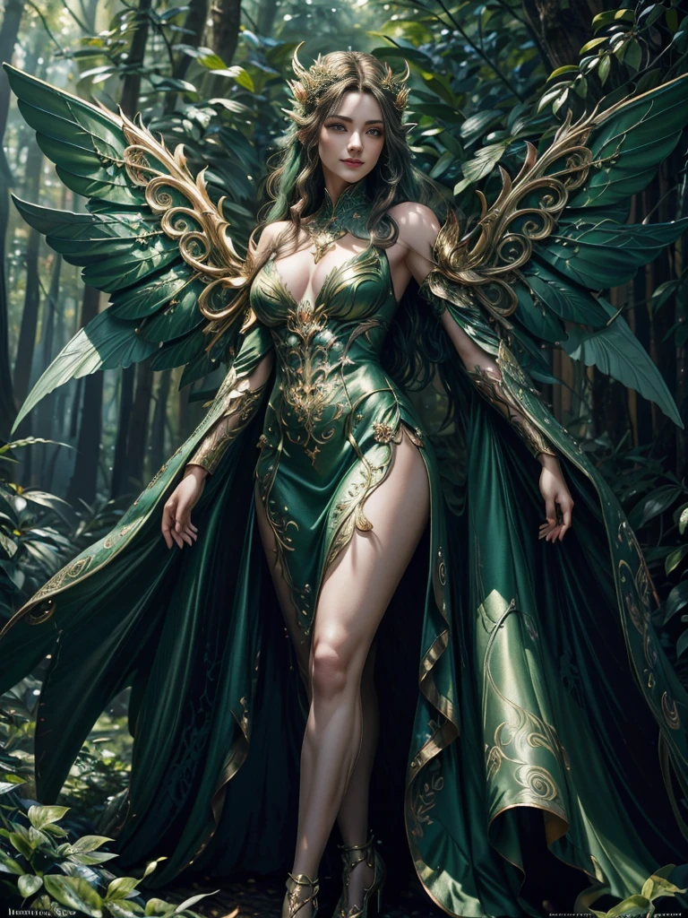 painting of a fairy with magnificent, large wings in a forest, smiling, wearing a flowing green micro dress, sensual digital painting, piece of master, full body, by chunie, by darkgem:0.8, Detailed background, ((full body)), 35mm LanceMen lens, Luthien, ((a stunning portrait of a God)), Frank Kelly Freas, Karol Bak style, ((gorgeous face)), Ultra Definition, best quality, 32k ultra |, Ultra HD |