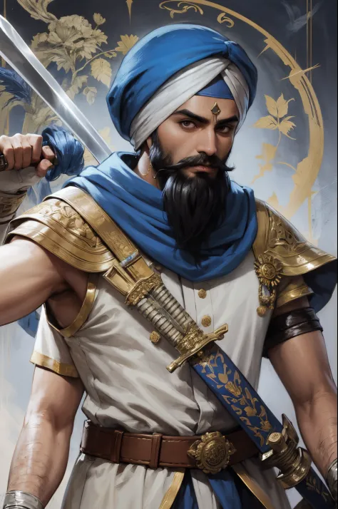 a sikh warrior wearing a blue sikh styled turban with a stern face and a sword --auto --s2