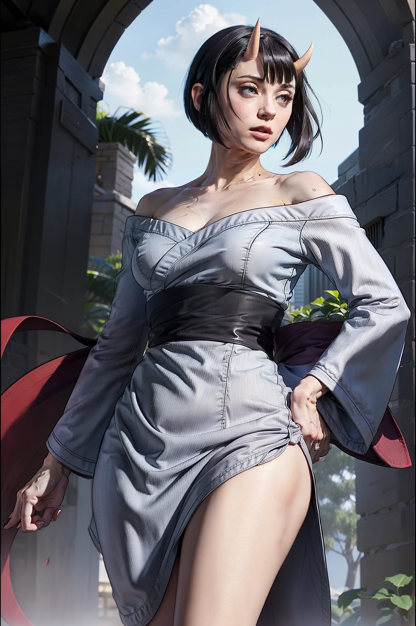 Masterpiece , highlydetailed, Hyperrealistic, fullbodyshot of 1girl, short black hair, red eyes,oni horns, kimono off shoulder showingclivage, standing, facing viewer, perfect hands, good hands, hand on hip,perfect face features , perfect thick, curvy and muscular body shape