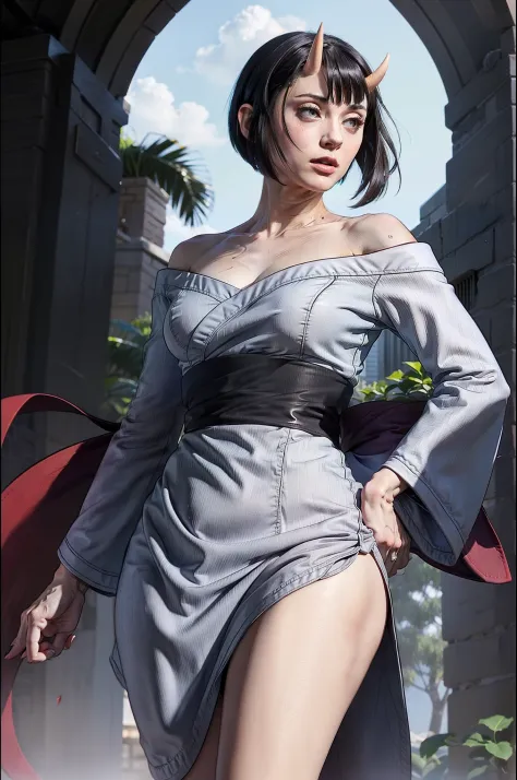 Masterpiece , highlydetailed, Hyperrealistic, fullbodyshot of 1girl, short black hair, red eyes,oni horns, kimono off shoulder showingclivage, standing, facing viewer, perfect hands, good hands, hand on hip,perfect face features , perfect thick, curvy and ...