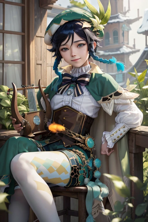 masterpiece, best quality, venti (genshin impact), lyre, black hair, hat, smile, braid, long sleeves, twin braids, gradient hair, multicolored hair, instrument, pantyhose, vision (genshin impact), bow, shorts, blue hair, green headwear, beret, white pantyhose, green shorts, collared cape, bangs,shirt, jewelry, looking at viewer, white shirt, brooch, cape, androgynous, frilled sleeves, frills, corset, short hair with long locks,