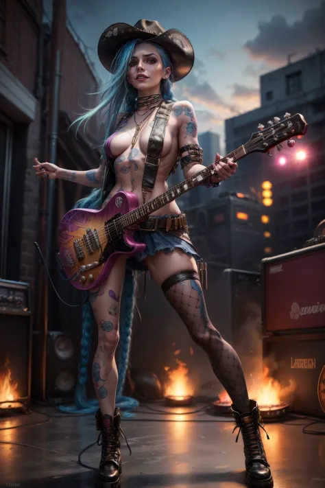 portrait，1girl，guitar，Psychedelic punk style，extremely colorful，trending on artstationh, blue hair, two braids, magenta eyes, smile, topless, torso, 1girl, blue hair, clouds arm tattoo, twin braids, magenta eyes, denim tanga, belt, cowboy boots, cowboy hat...