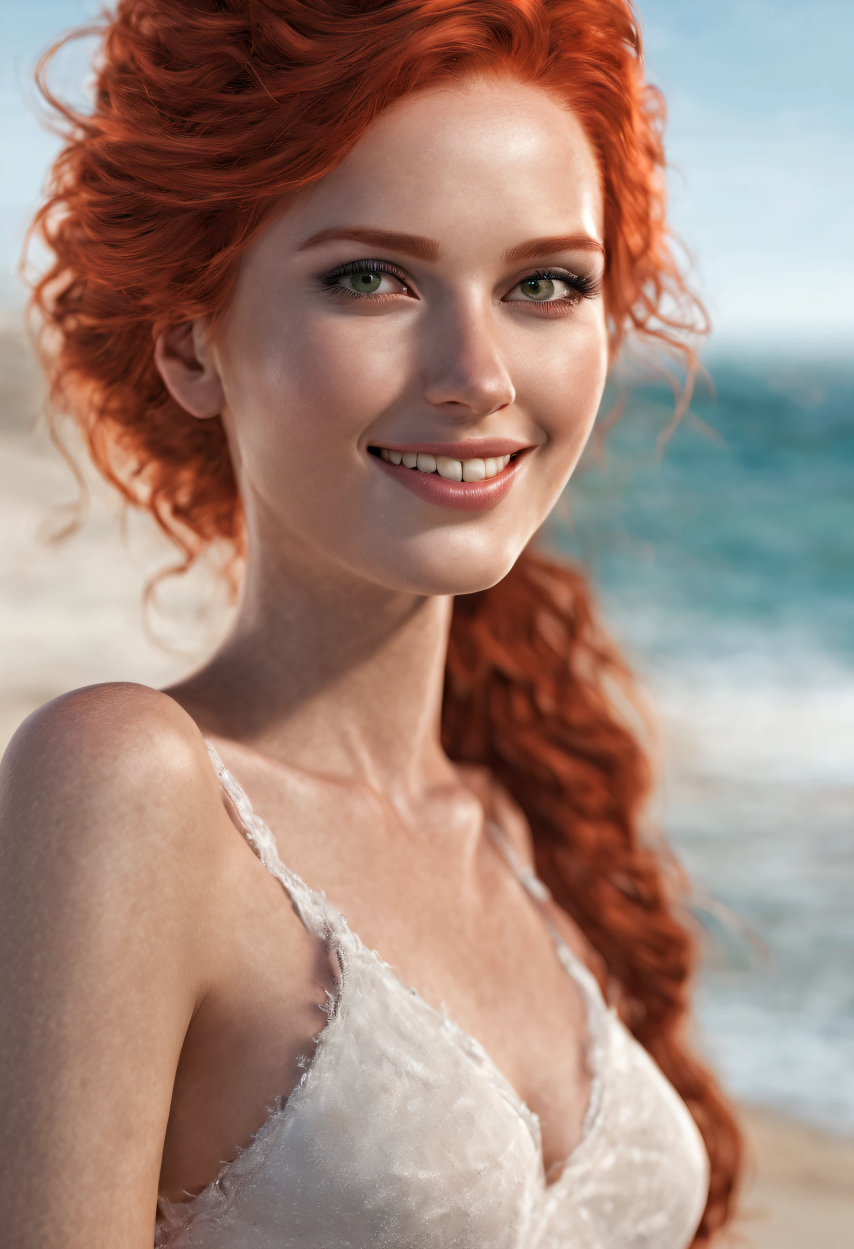 An Hyperrealistic Red Hair Meremaid  Smiling  , Perfect body, perfect Face, detailed and Intricicated, HD