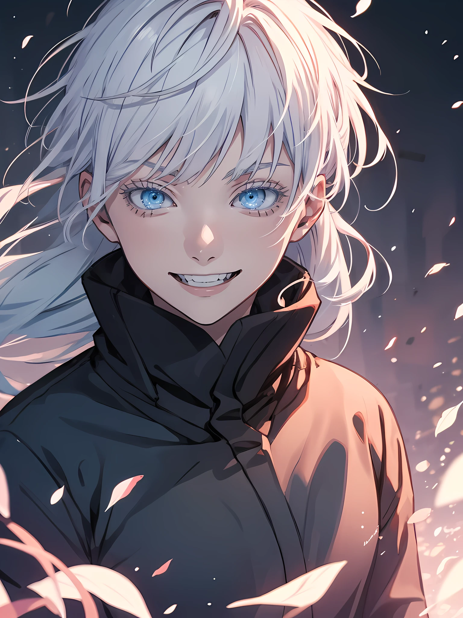 masterpiece, Woman, famale version, female, jujutsu kaisen, solo, alone, happy, smiling white hair, bangs, long hair, white eyebrows, white eyelashes, light blue eyes, black clothing, school, high quality, 4k resolution, anime