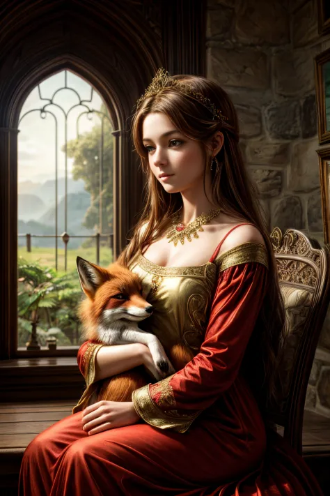 Young woman in a red dress with a red fox, correct anatomy, Golden proportions of the body, gorgeous thick wavy hair, loose hair...