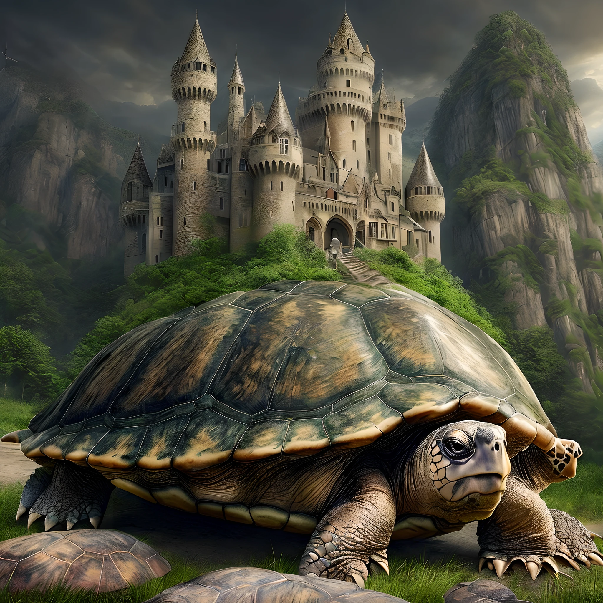 a long shot picture of an epic sized turtle (best details, Masterpiece, best quality: 1.4) having a fantasy castle (built on the back of the turtle: 1.5),  rolling hills, fantasy castle with (turrets: 1.1), (towers:1.1), (bridges:1.2), (barbican:1.1), green rolling hills background, epic sized turtle as the castle base, (castle on the turtle:1.3) huge epic sized turtle carrying the castle, Photorealistic, 16k, RAW, award winning, (best detailed: 1.5), masterpiece, best quality, (ultra detailed), full body, ultra wide shot,