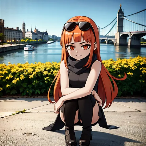 Young girl, orange hair, wearing black scarf, white dress, black boots, wearing sun glasses, in europe, london streets, tourist, tamisa river in background, smilling, full body in art, 4k, masterpiece, good anathomy