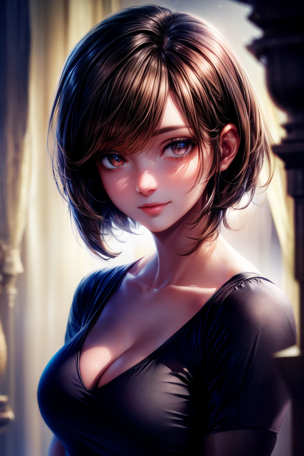 the night, Original photography, (((very beautiful portrait))), (very beautiful portrait))), 1 girl, Sexy 25 year old girl, ((Natural brown short hair)), [Brown eyes],A gentle smile stares into the camera(Chopping), ((tmasterpiece, Best quality at best, hyper-detailing, cinematic lighitnglamplight, Complicated details, k hd, 8K, The is very detailed)), Background of details, 8k ultra high definition, SLR camera, gentlesoftlighting, high qulity, filmgrain, 富士XT3, shallowdepthoffield, natural soft light, s the perfect face