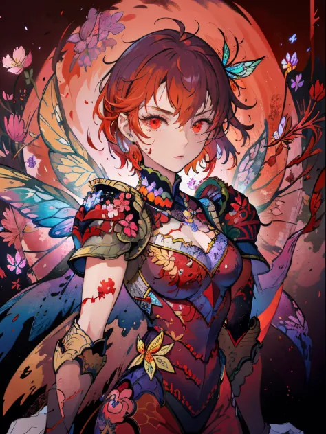 1girl, fan dance, butterfly wings, magic, WOMAN, FLOWERS, ARMOR, FLOWER ARMOR, IRIDESCENT ARMOR, RED, INFECTED FACE, DARK BACKGR...