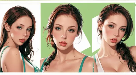 gianna michaels, female original character reference sheet adoptable, ginger hair, green eyes,