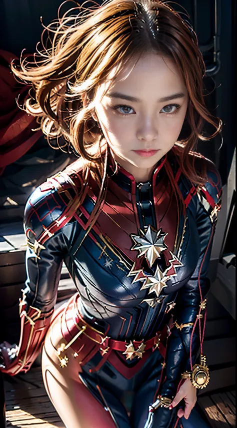 Anime girl posing in red and black leather costume , realist, ( ( Captain Marvel))、 biomechanical oppai,, fanart best artstation...