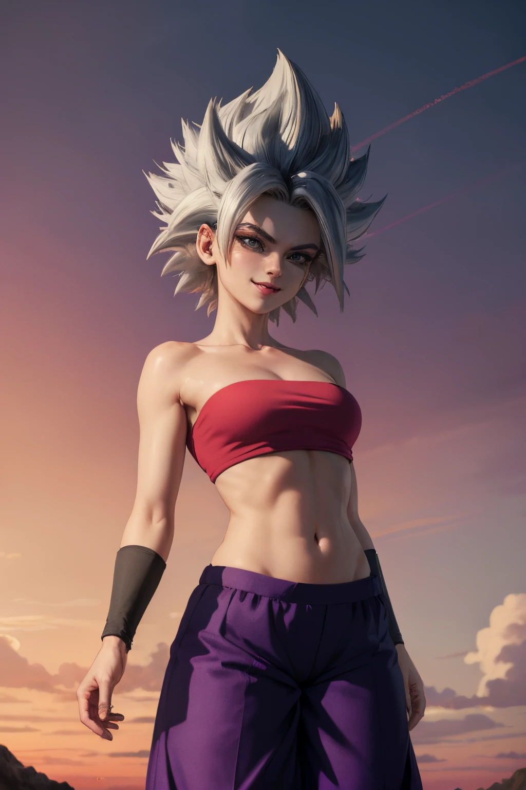 걸작, 최고의 품질, ssjcaulifla, 흰머리, 물눈, 튜브 탑, (노란색 줄무늬가 있는 보라색 바지:1.2), 완장, 카우보이 샷, 하늘을 바라보며 , 웃다, 주름진 눈썹, 손으로 OK 만들기, 붉은 하늘, 먹구름