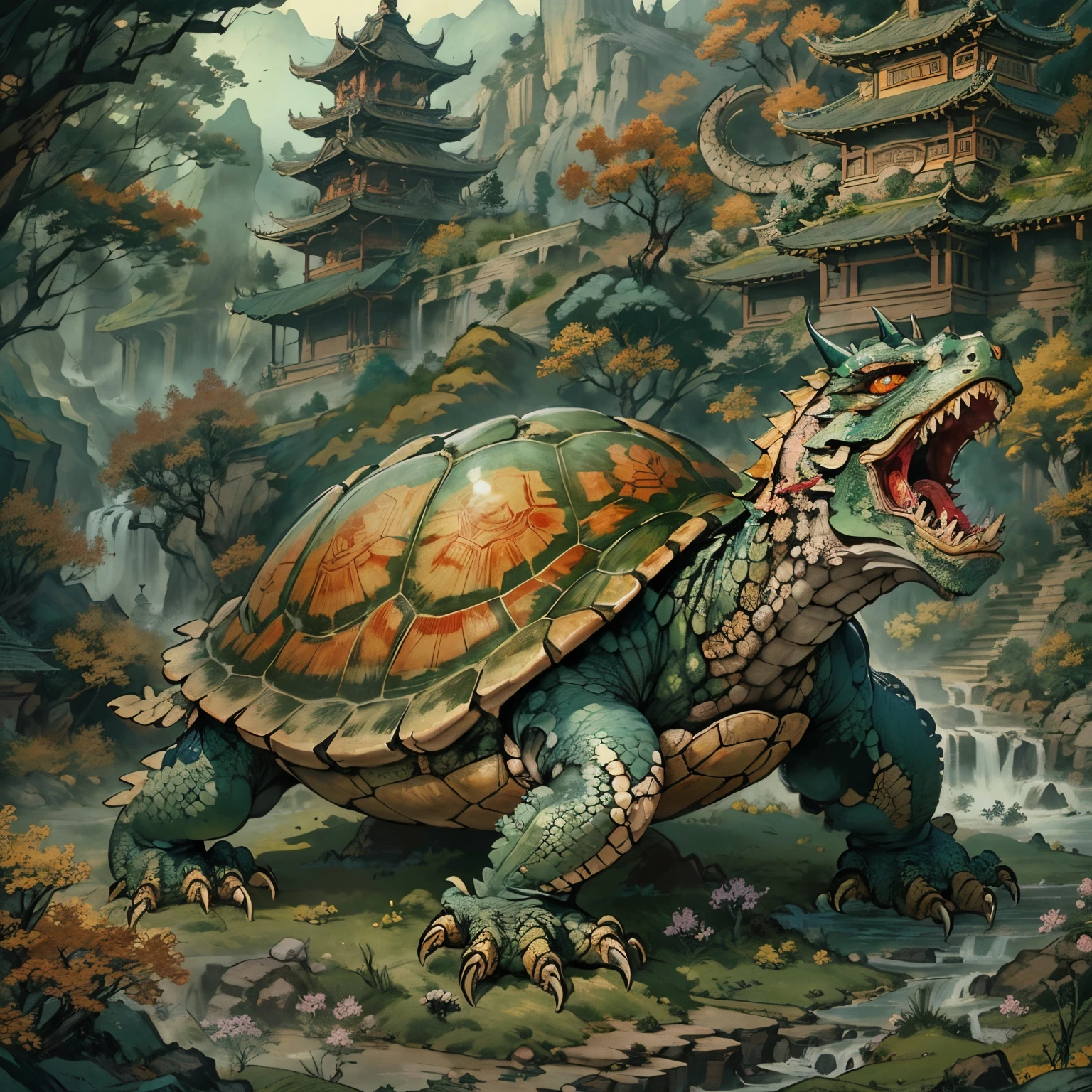 (Best quality,8K,A high resolution,tmasterpiece:1.2),ultra - detailed,(actual,realistically,realisticlying:1.37),Ancient turtle from hell，(Turtle-shell dragon-headed monster:1.5)，Chinese totem tortoise shell，Chinese，Ancient divine beasts，Landscape background，（The texture is very real：1.2），（Glowing colorful tortoise shell：1.2），（Real details：1.2），（[Street|Lateral face]：1.1），HighDynamicRange，the ultra-detailed， Intricate fantasy ink painting, Detailed fantasy ink illustration, Fantasy is detailed, beautiful detailed fantasy, Magic fantasy is very detailed, Highly detailed fantasy art, Rivendell Epic Fantasy, japanese fantasy, detailed fantasy digital art, chinese fantasy, detailed fantasy art,