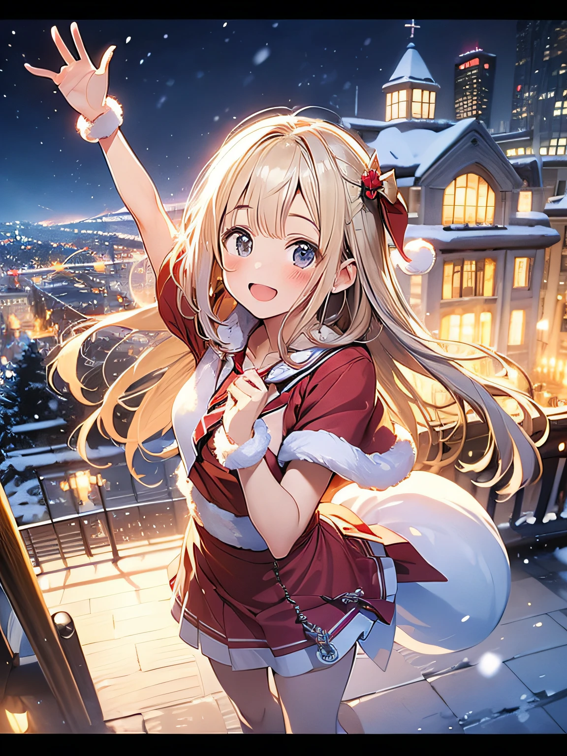 in 8K、top-quality、​masterpiece、ultra-detailliert、Ultra-high resolution、1 persons、17 years old girl、It's snowing、nightcity、a blond、santa costume、(((Aerial view)))、dance