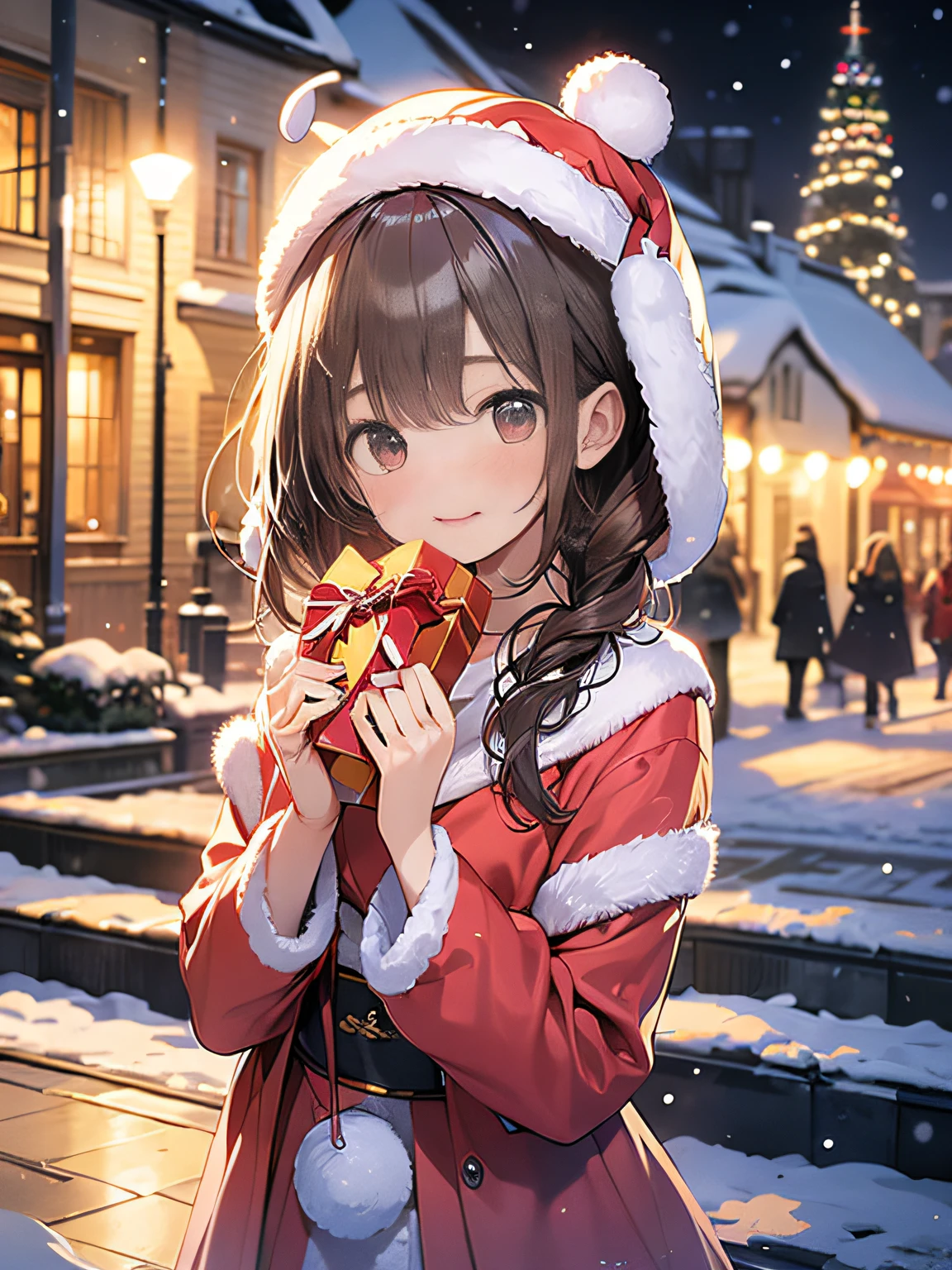 in 8K、top-quality、​masterpiece、ultra-detailliert、Ultra-high resolution、1 persons、17 years old girl、It's snowing、nightcity、a blond、santa costume、deliver a present