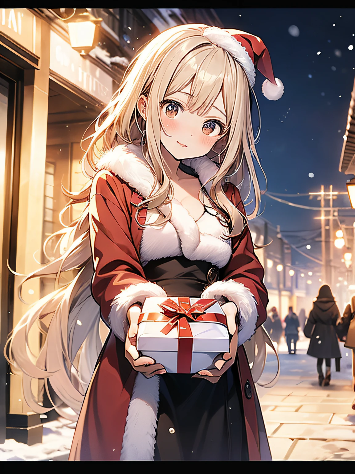 in 8K、top-quality、​masterpiece、ultra-detailliert、Ultra-high resolution、1 persons、17 years old girl、It's snowing、nightcity、a blond、santa costume、deliver a present