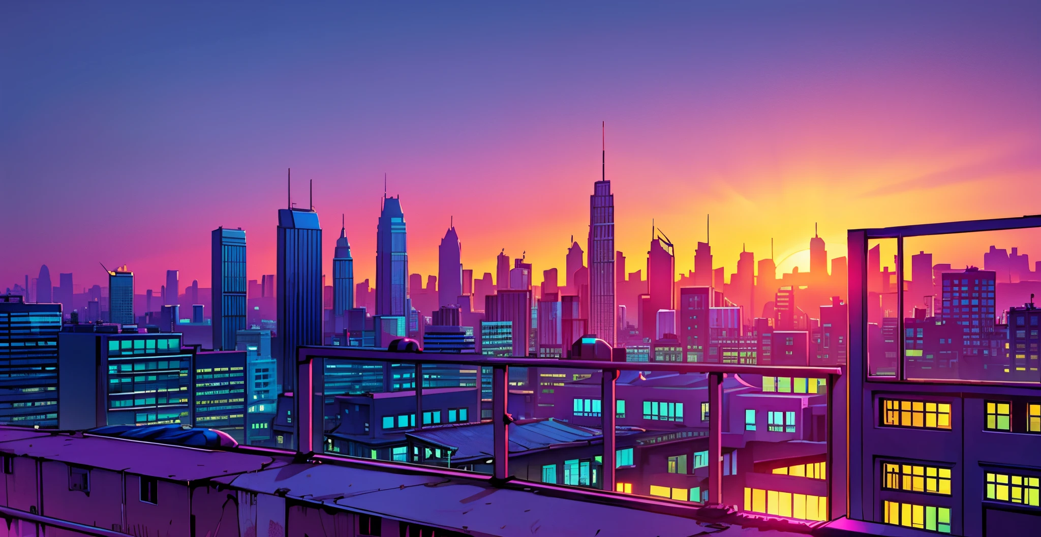 View from the penthouse window to the colorful city, City sunset, The city, sunset night, Sunrise background, City twilight landscape, 4 k hd illustrative wallpaper, [ Synthwave style 4K ]!!, Иллюстрация обоев 4 K HD, neon landscape, Synthwave City, Neon City in the background, vaporwave city, A colorful city, View of the city from the window, pink and yellow shades, Delicate colors, Drawing