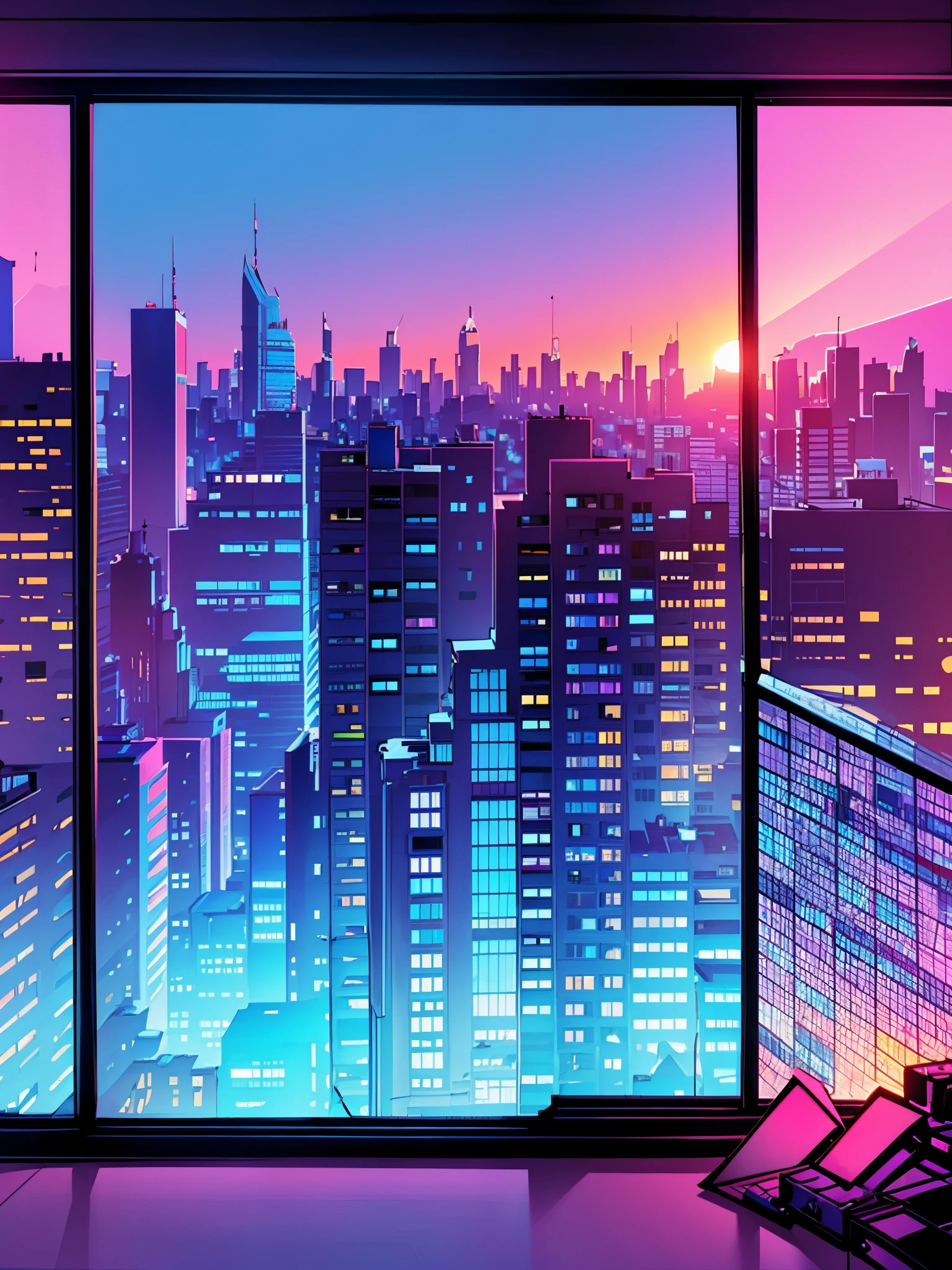 Blick aus dem Penthouse-Fenster auf die bunte Stadt, Sonnenuntergang in der Stadt, Die Stadt, Sonnenuntergang Nacht, sonnenaufgang hintergrund, stadt dämmerung landschaft, Illustratives Hintergrundbild in 4 K HD, [ Synthwave-Stil 4K ]!!, Иллюстрация обоев 4 K HD, Neonlandschaft, Synthwave-Stadt, Neonstadt im Hintergrund, Vaporwave-Stadt, Eine bunte Stadt, Blick auf die Stadt aus dem Fenster, Rosa- und Gelbtöne, Zarte Farben, Zeichnung