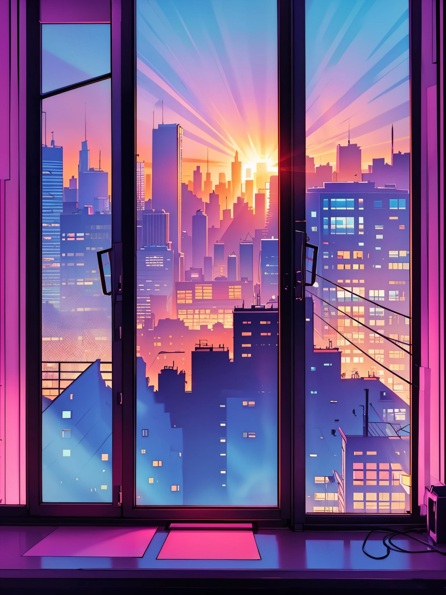 View from the penthouse window to the colorful city, City sunset, The city, sunset night, Sunrise background, City twilight landscape, 4 k hd illustrative wallpaper, [ Synthwave style 4K ]!!, Иллюстрация обоев 4 K HD, neon landscape, Synthwave City, Neon City in the background, vaporwave city, A colorful city, View of the city from the window, pink and yellow shades, Delicate colors, Drawing