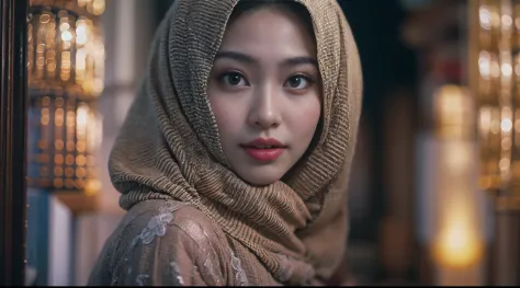 1 matured malay girl in hijab wear kebaya, china traditional temple street, nighttime, professional lighting, upper body,close-u...