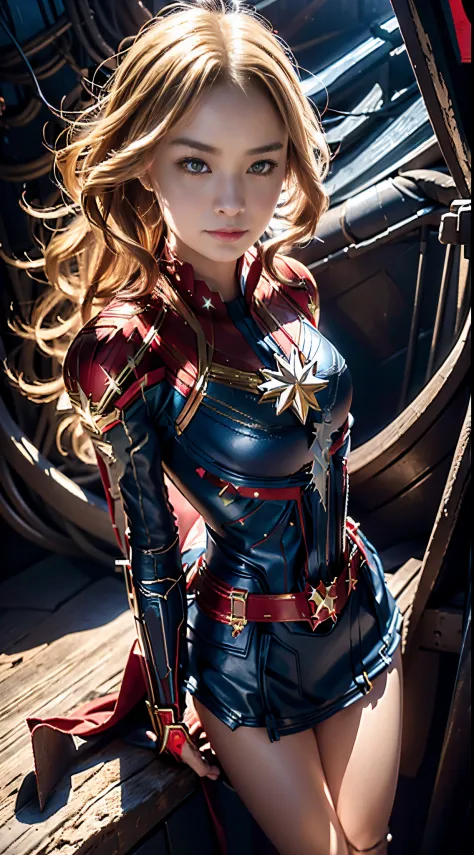 Anime girl posing in red and black leather costume , realist, ( ( Captain Marvel))、 biomechanical oppai,Erotic big ass, fanart b...