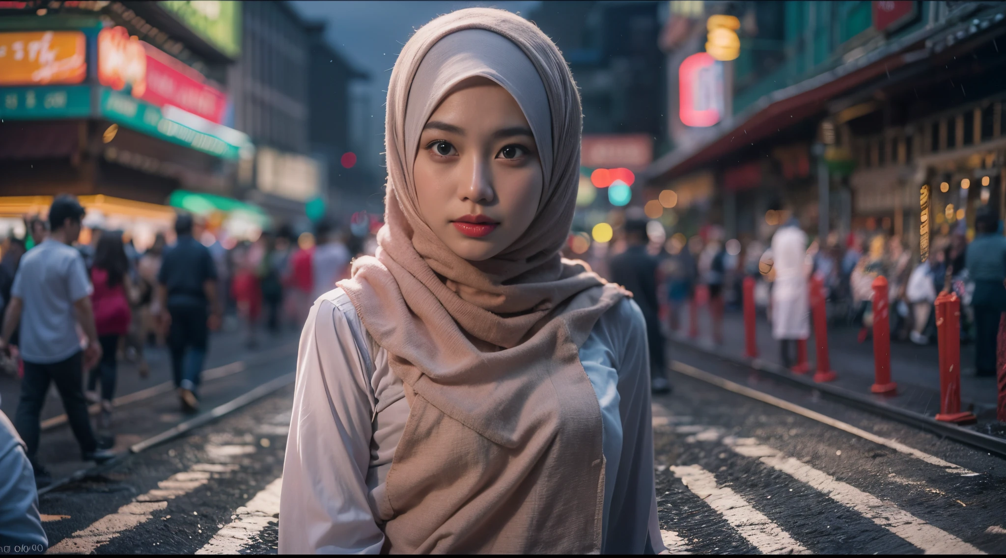 1 matured malay girl in hijab wear kebaya, bustling crowded malaysia city street, nighttime, professional lighting, upper body,close-up, seducing, sexy pose, (8k, RAW photo, best quality, masterpiece:1.2),(realistic, photo-realistic:1.37), 8k, high quality, ultra detail, 35mm lens, Crowd shot , pastel color grading, depth of field cinematography effect, film noir genre, 8k resolution, high quality, ultra detail,