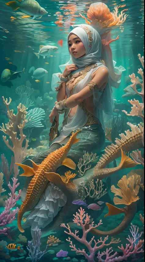 Craft a surreal underwater scene with a Malay girl in hijab riding a majestic seahorse through a magical coral reef. Illuminate ...