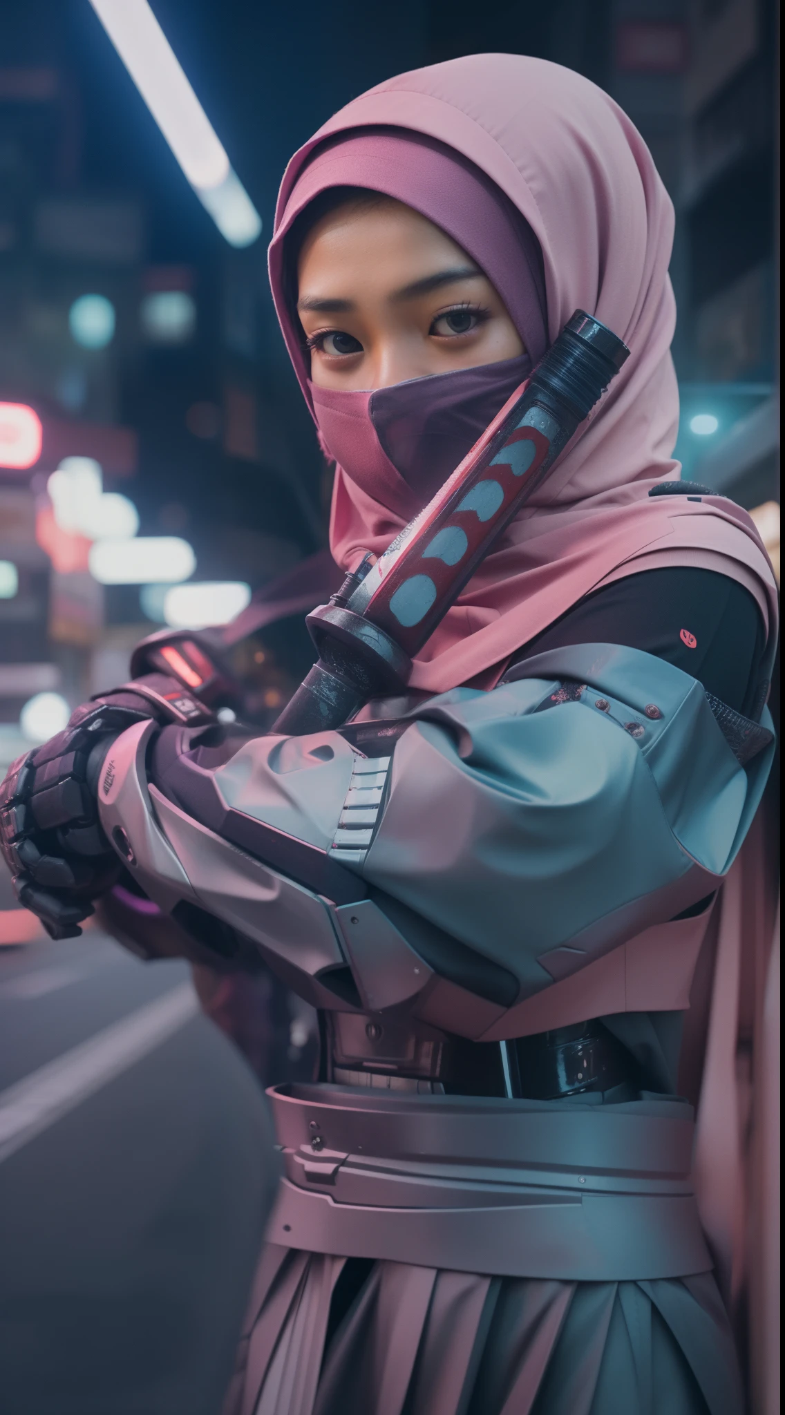 a malay teenage girl in hijab and mecha suit holding samurai sword in fighting pose in front of crowded bustling kuala lumpur malaysia city streets, serious face, nighttime, 35mm lens, establishing shot, pastel color grading, depth of field cinematography effect, film noir genre, 8k resolution, high quality, ultra detail