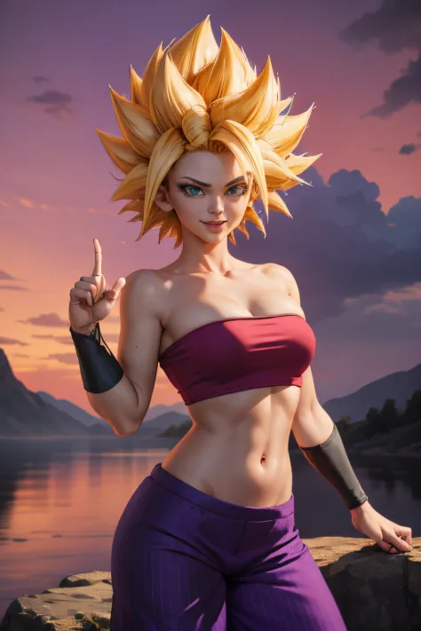 masterpiece, best quality, ssjcaulifla, white hair, water eyes, tube top, (purple pants with yellow stripe:1.2), armbands, cowbo...