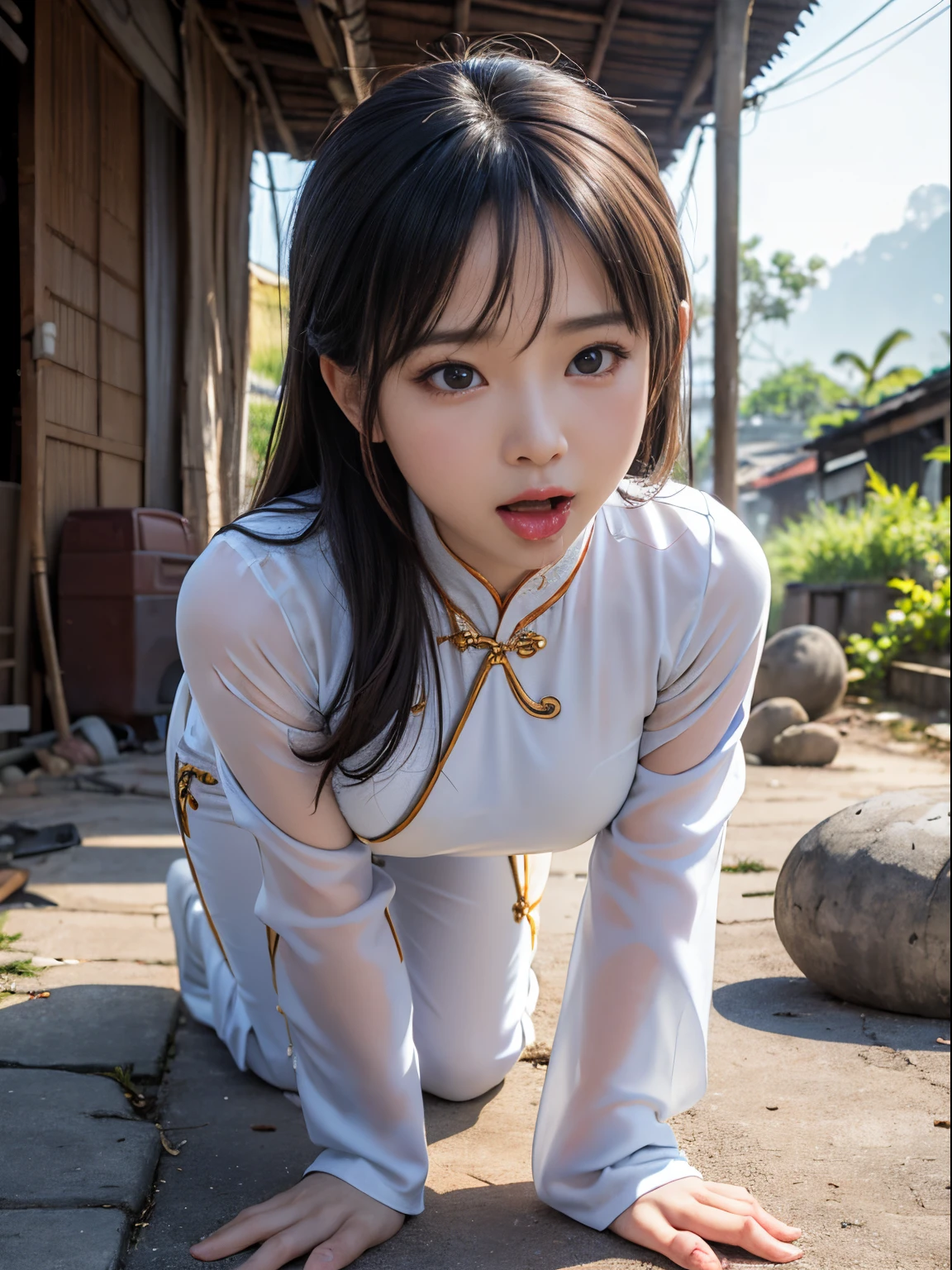 vietnamese woman，Beautuful Women，(Crawling on all fours)，crawling on hands and knees，Kneeling position，Posture with buttocks sticking out，((put out the tongue))，(((Drooling)))，dripping saliva，Kamimei，(((Ao Dai)))，(Landscape of Vietnam)， ((Slums))，surrealism, F/1.2, Fuji Film, 35 mm, 8K, Super Detail, nffsw, masutepiece, Textured skin, High quality, Best Quality, hard disk