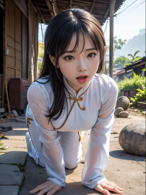 vietnamese woman，Beautuful Women，(Crawling on all fours)，crawling on hands and knees，Kneeling position，Posture with buttocks sticking out，((put out the tongue))，(((Drooling)))，dripping saliva，Kamimei，(((Ao Dai)))，(Landscape of Vietnam)， ((Slums))，surrealis...